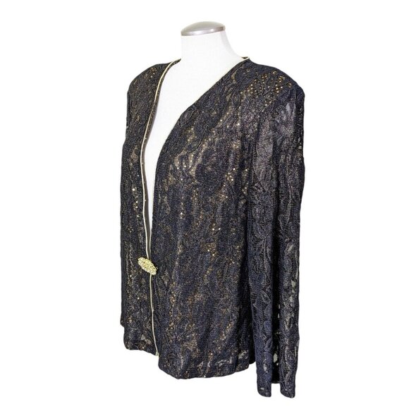 Vintage Womens Sheer Evening Jacket Plus 4XL Black Gold Sequin Rhinestone Clasp - Picture 4 of 8